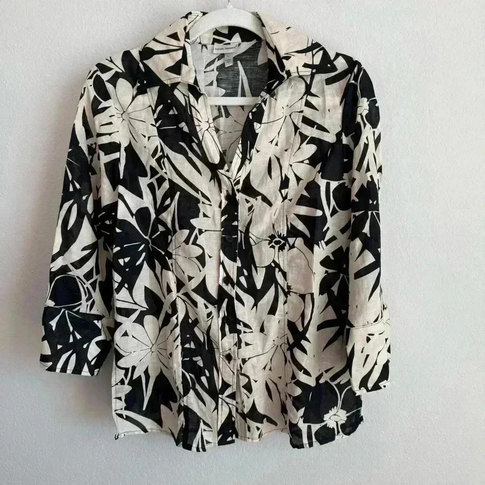 Harve Benard Woman's Black Beige Floral Linen Blend Button‎ Up Blouse Size L